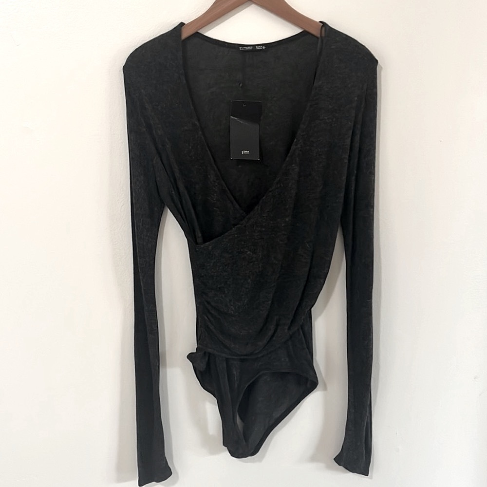 🆕 ZARA Knit Faux Wrap Long Sleeve Bodysuit in Dark Gray